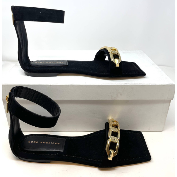 Good American Suede Chain Ankle Strap Flat Sandals In Black Size 9.5 New - Picture 6 of 13